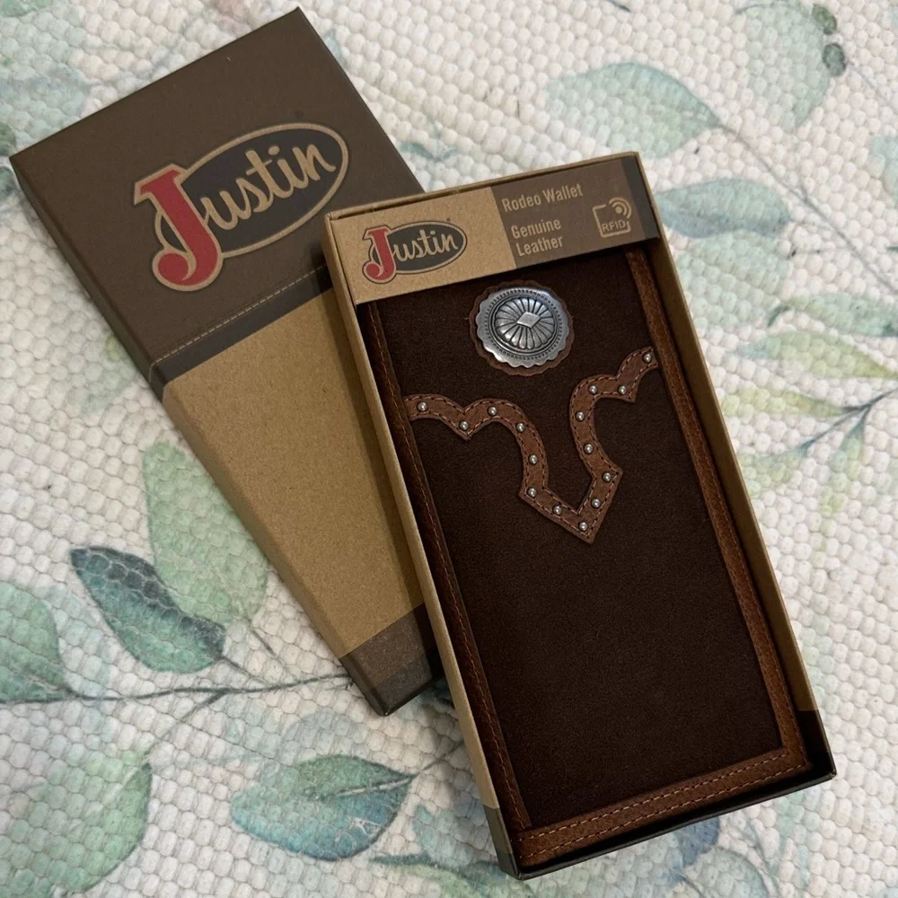 New Justin Boots Dark Brown Slim Bi Fold Leather Jr. Rodeo Wallet NIB
